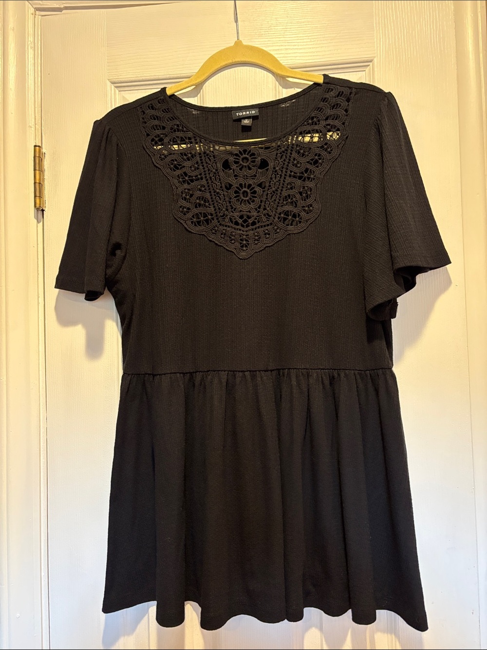 Torrid Black Lace Bib Babydoll Peplum Top Short Sleeve Crochet Knit Boho Blouse